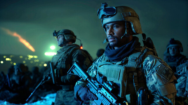 Soldiers on a night mission, mission in a city, invasion and attack, secret mission, soldiers with machine guns and military uniform, a team is on lookout and waiting for orders