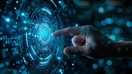 A hand is pointing to a blue circle with a dot in the middle