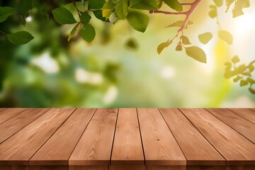 Empty Wooden Table top with Lush Green Foliage Background – Ideal for Outdoor Product Display, Nature-Themed Designs, and Nature of green leaf in garden at summer