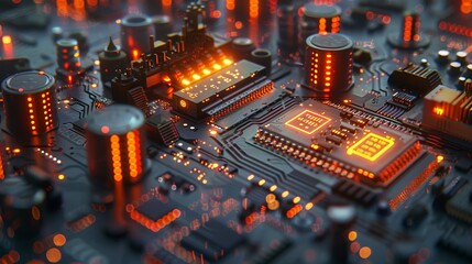 Close-up view of a glowing electronic circuit board with microchips and capacitors showcasing technology