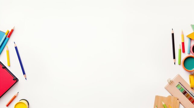 School stationery materials such as crayons, markers, clips, puncher, magnifying glass, erasers on white office table desk. Top view, flat lay with copy space