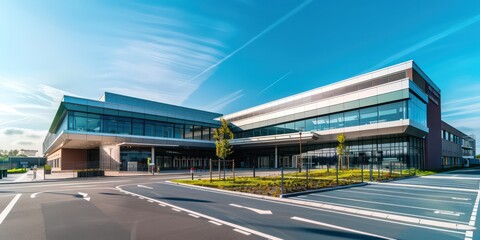 hospital building exterior view, modern and high-end on a sunny day with blue sky