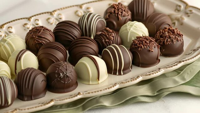 A platter of assorted truffles with flavors like dark chocolate hazelnut and mint each adorned with a delicate swirl of chocolate.
