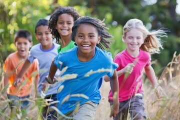 Portrait of smiling african american children running together in field
