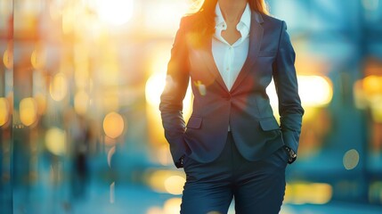 A focused image captures an elegant businesswoman, midsection, wearing a suit, standing confidently in a vibrant city during sunset