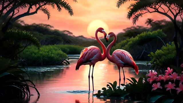 Two flamingo on the lake. Seamless looping time-lapse 4k video animation background