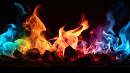 Multi colored fire flames on black background