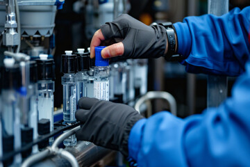 Engineer measures water quality level in factory.