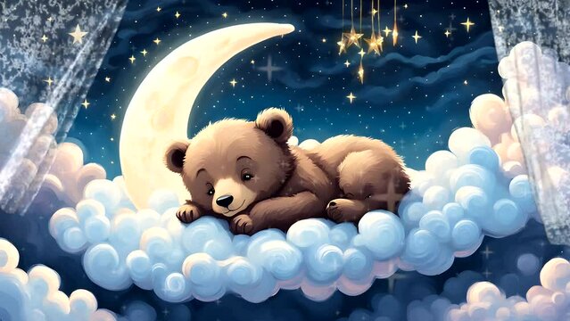 Cartoon of teddy bear sleeping on clouds