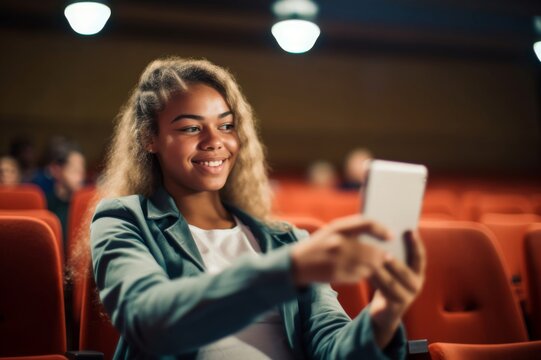 young woman taking selfie through tablet pc in auditorium - Powered by Adobe