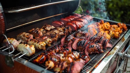A family reunion with a DIY barbecue smoker, showcasing homemade recipes, inventive and tasty