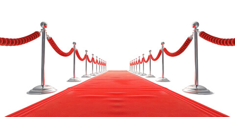 Red carpet with ropes on both sides against an transparent background, png.