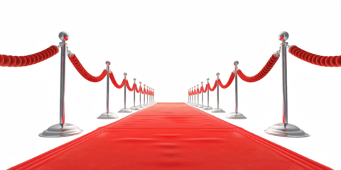 Red carpet with ropes on both sides against an transparent background, png.