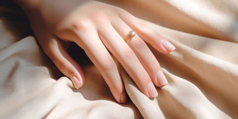 beautiful female hands with gentle manicure on a fabric background.