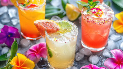 Tropical Cocktails with Fresh Fruit and Floral Garnish