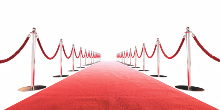 Red carpet with ropes on both sides against an transparent background, png.