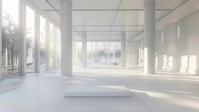 A sleek allwhite fitness studio with floortoceiling windows allowing natural light to fill the space.