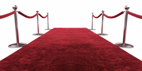 Red carpet with ropes on both sides against an transparent background, png.