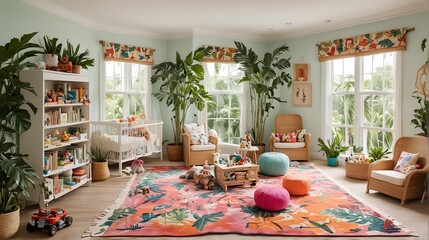 Modern nursery with a collection of tropical plants, patterned rugs, and vibrant colors. Side view