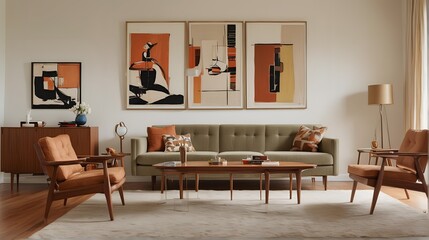 Cozy living room with a collection of mid-century modern furniture, artwork, and accessories. Close up