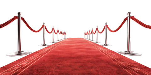 Red carpet with ropes on both sides against an transparent background, png.