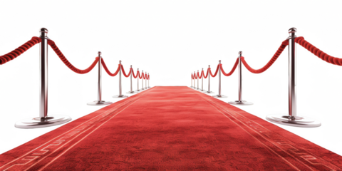 Red carpet with ropes on both sides against an transparent background, png.