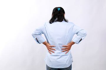 Asian business woman suffering from pain in spine on white background