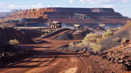 Industrial mining operation in a large open pit mine with massive haul trucks transporting ore under a clear sky