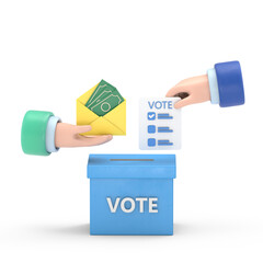 Transparent Backgrounds Mock-up.3D hand putting voting paper in ballot box. Elections, voting, going to vote, citizen participation in voting concept. 3d illustration.Supports PNG files