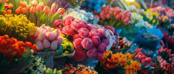 Fototapeta premium vibrant and colorful image of a variety of flowers at a flower market