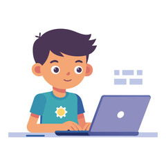 Working on a code, young kid learning programming with a laptop, flat vector illustration