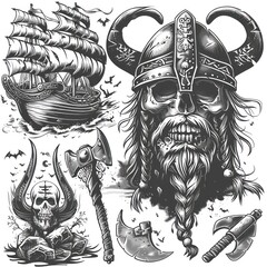 Viking elements such as skull, ship and axe in a vintage style flat monochrome set on a white background
