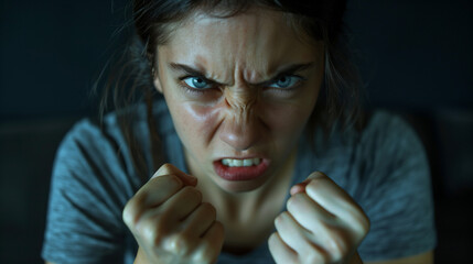 Portrait of an angry and frustrated woman clenching her fists and gritting her teeth, with dark hair and blue eyes, against a black background, focusing on detailed facial expressions of anger