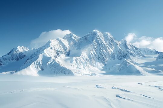The image shows snow-capped mountains in the distance with a large snow field in the foreground.