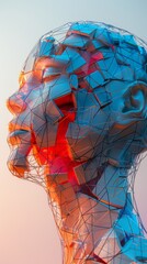 Stunning digital art of a human head composed of geometric shapes with vibrant blue and orange colors, representing technology and human connection