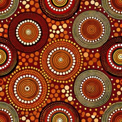 Fototapeta premium Seamless pattern of Aboriginal dot painting motifs in earthy tones, celebrating the rich cultural heritage of Indigenous Australians, Generative AI