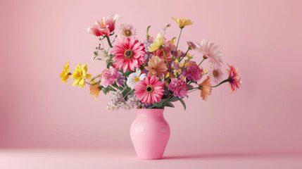Naklejka premium A diverse mix of spring flowers including gerberas and daisies arranged in a soft pink ceramic vase against a matching pink background.