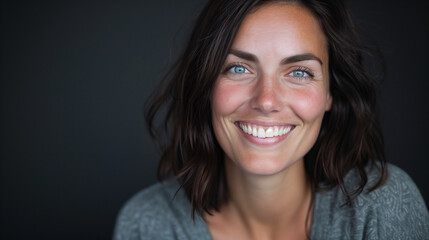 Naklejka premium Portrait of a smiling woman with dark hair and blue eyes, standing against a black background, capturing detailed facial expressions of happiness and contentment. 