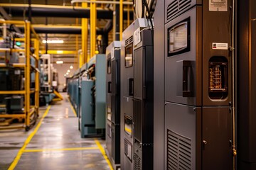 A perspective down a long aisle of electrical cabinets with yellow safety lines on the floor.