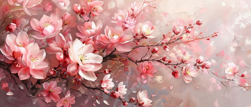 Delicate pink cherry blossom branch with flowers and buds on a blurred background.