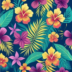Seamless pattern of Hawaiian-inspired hibiscus and palm leaf motifs in tropical colors, perfect for a summery and beach-themed gift wrap, Generative AI
