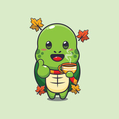 Cute turtle with coffee in autumn season