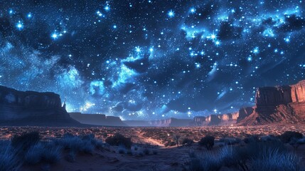 Amazing view of starry night sky over the desert landscape with red rocks