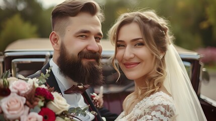 The bearded groom and beautiful bride.
