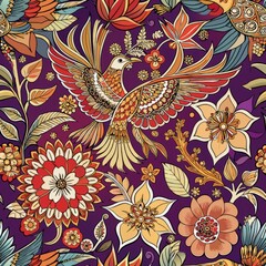 Seamless pattern of Indonesian batik designs with intricate floral and bird motifs, capturing the beauty of traditional batik textiles, Generative AI