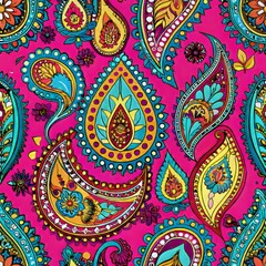 Fototapeta premium Seamless pattern of intricate Indian paisley motifs in vibrant colors, evoking the richness of Indian textiles, Generative AI