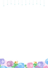 梅雨のフレーム、雨とアジサイとカタツムリとコピースペースのあるベクターイラスト02