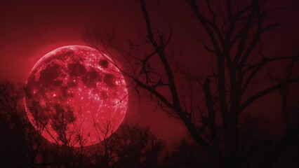 Distant trees are silhouetted against the backdrop of the red moon creating a hauntingly beautiful scene.