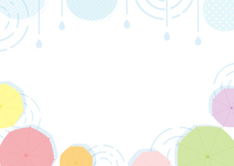 梅雨のフレーム背景素材、雨と傘のベクターイラスト