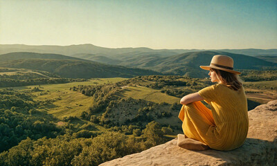 Woman Sporting a Fashionable Hat Taking Pleasure in a Gorgeous Panoramic Outlook from a Structure's Peak